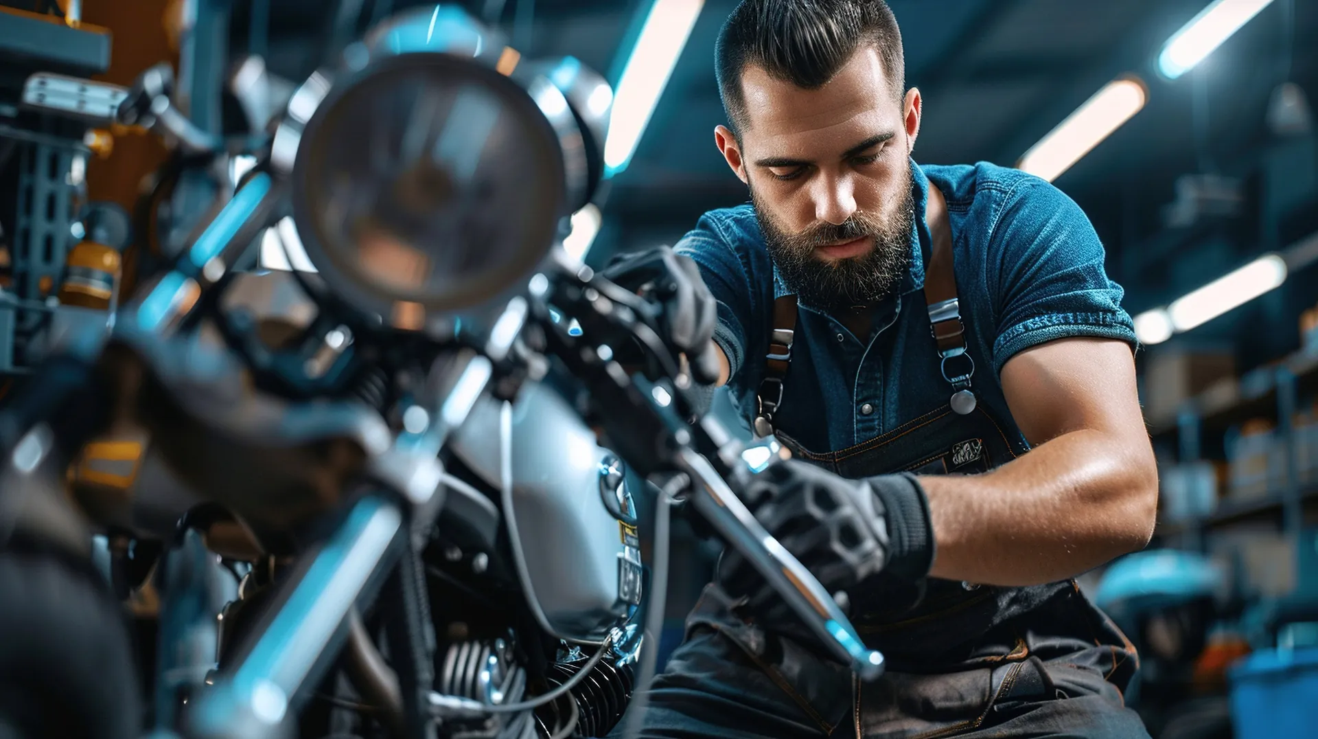 Technician servicing a motorcycle, representing two wheeler battery fitment and service