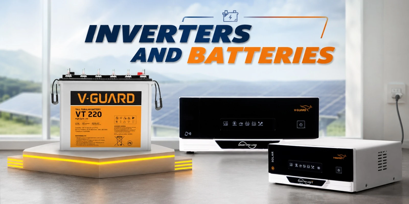 V-Guard VT 220 tubular battery and two V-Guard Smart Pro inverters displayed together
