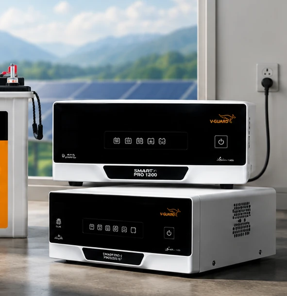 Two V-Guard Smart Pro inverters stacked, each with a graphical LED display panel